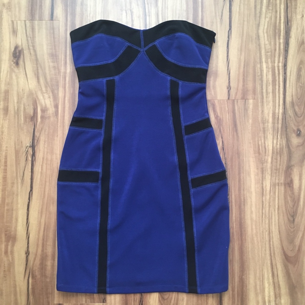 2000s blue strapless bodycon dress black corset outlines MM COUTURE by Miss Me